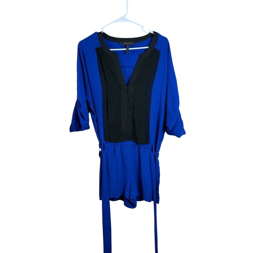 BCBG Maxazria Women's Elie‎ Romper Blue Block Colorblock Belted Small EUC